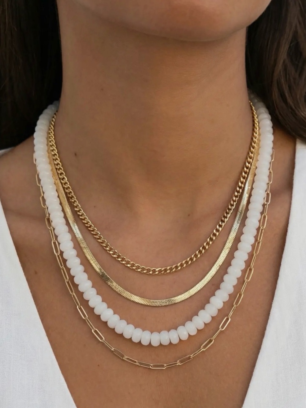Gold and White Bead Layered Statement Necklace (3303)